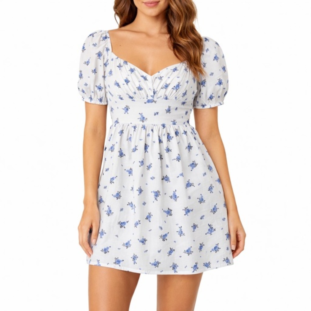 Floral Puff Sleeve Mini Dress Womens Medium Cottagecore Baby Doll White Blue